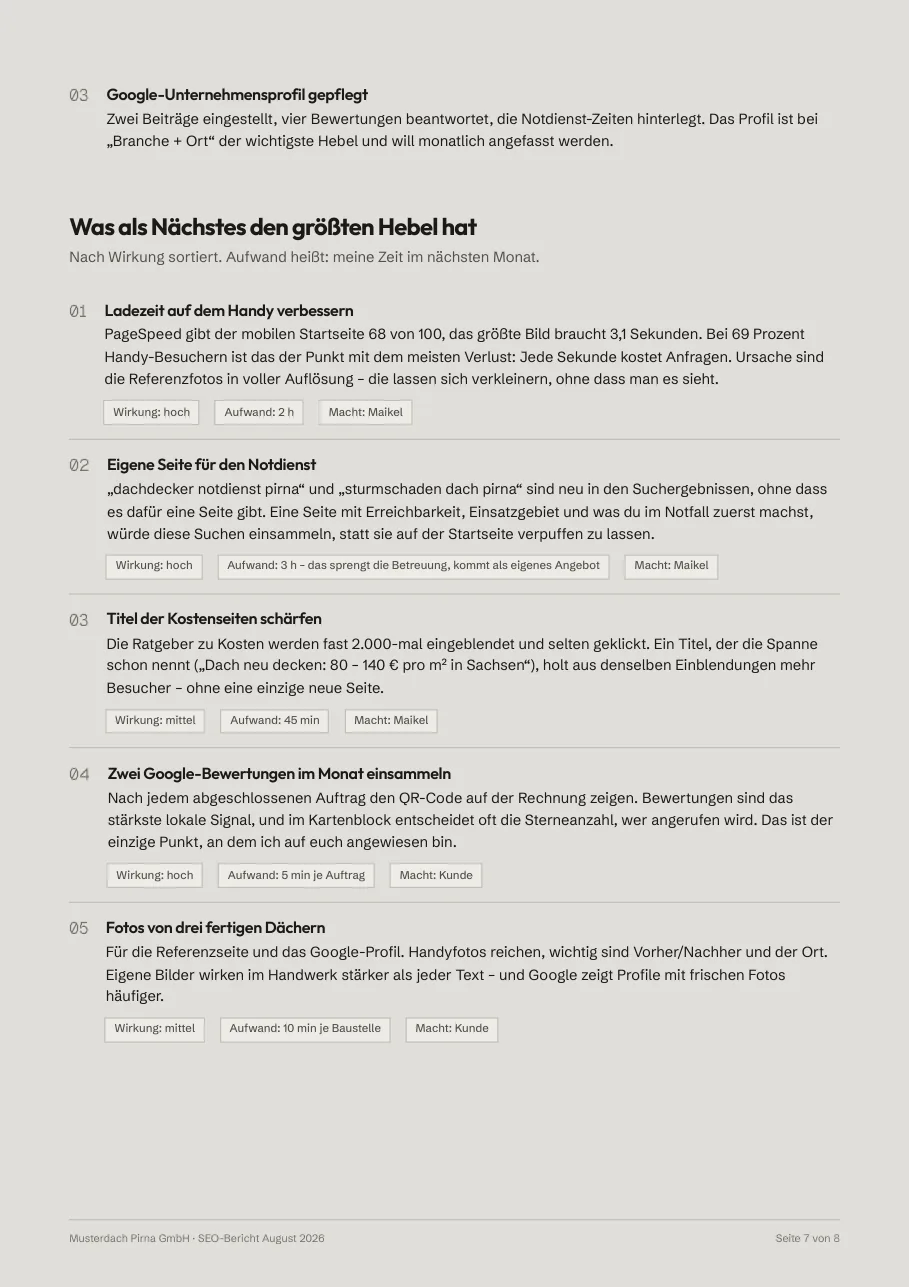 Seite aus dem Beispielbericht: Was als Nächstes dran ist