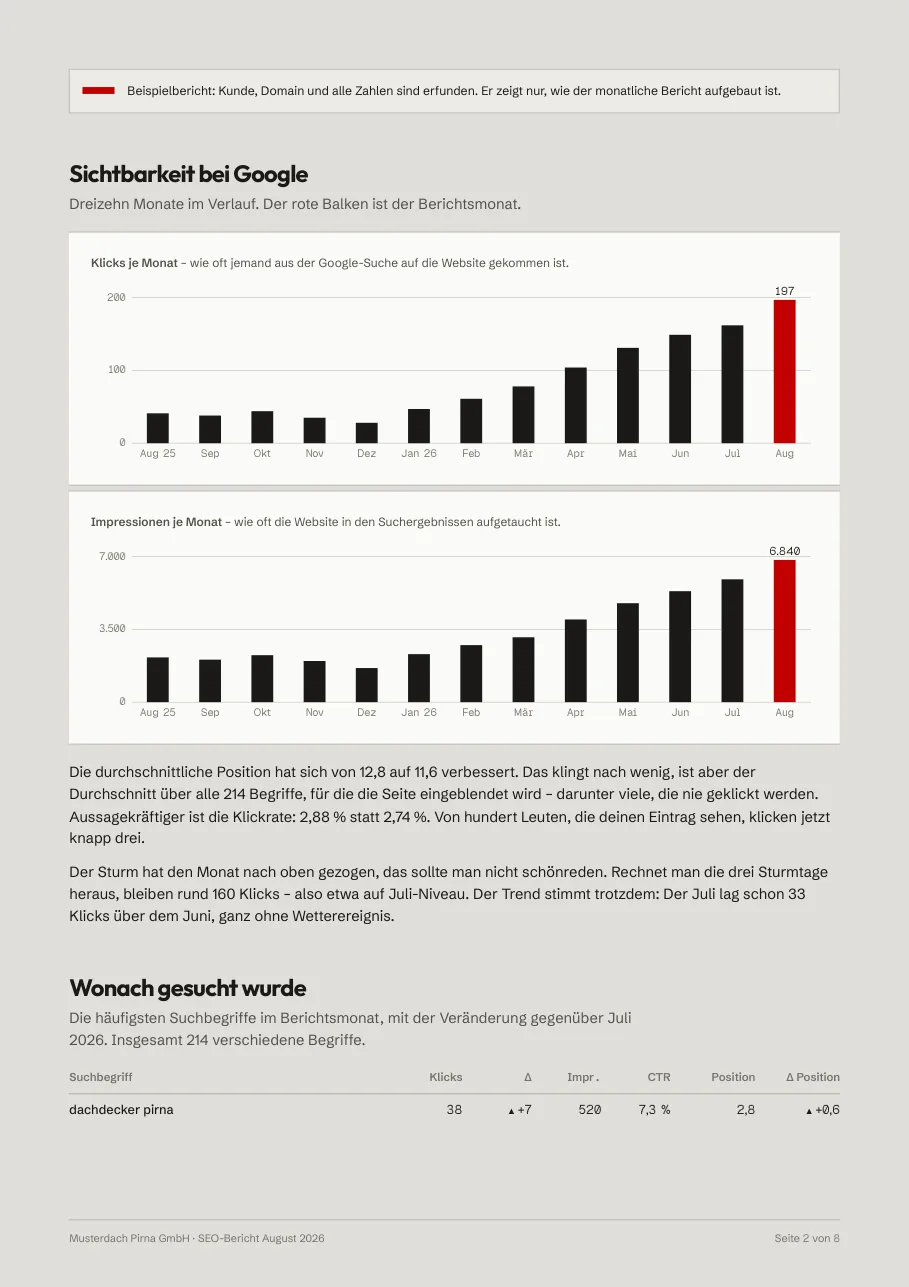 Seite aus dem Beispielbericht: Verlauf und Suchbegriffe
