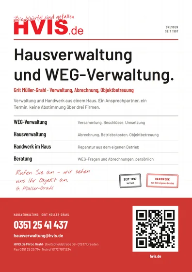 Werbeschild HVIS.de für Haus- und WEG-Verwaltung im gleichen Layout