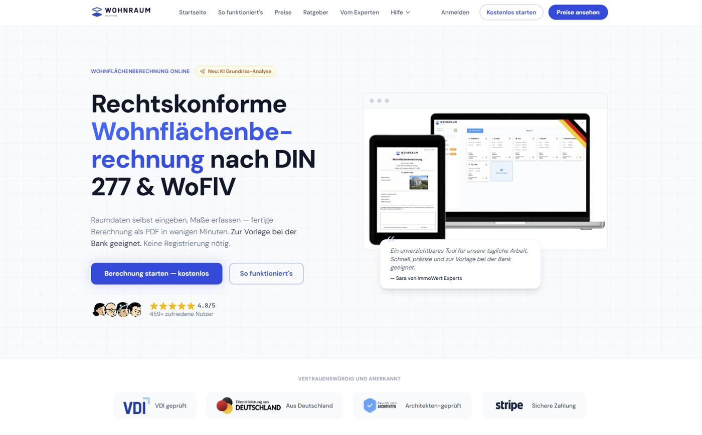 Screenshot der Webseite Wohnraum Rechner