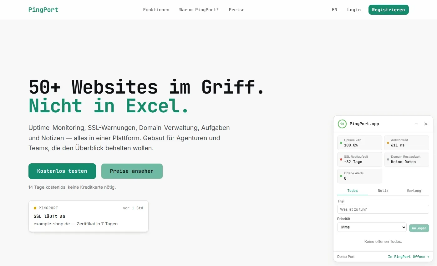 Screenshot der Website von PingPort.app